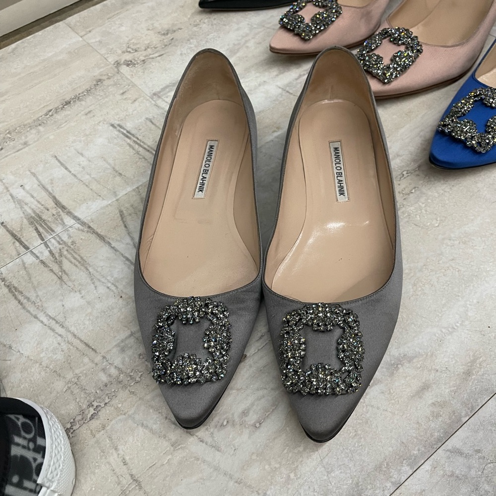 Manolo Blahnik HANGISI smooth satin fabric upper for evening-primed shine. Flats